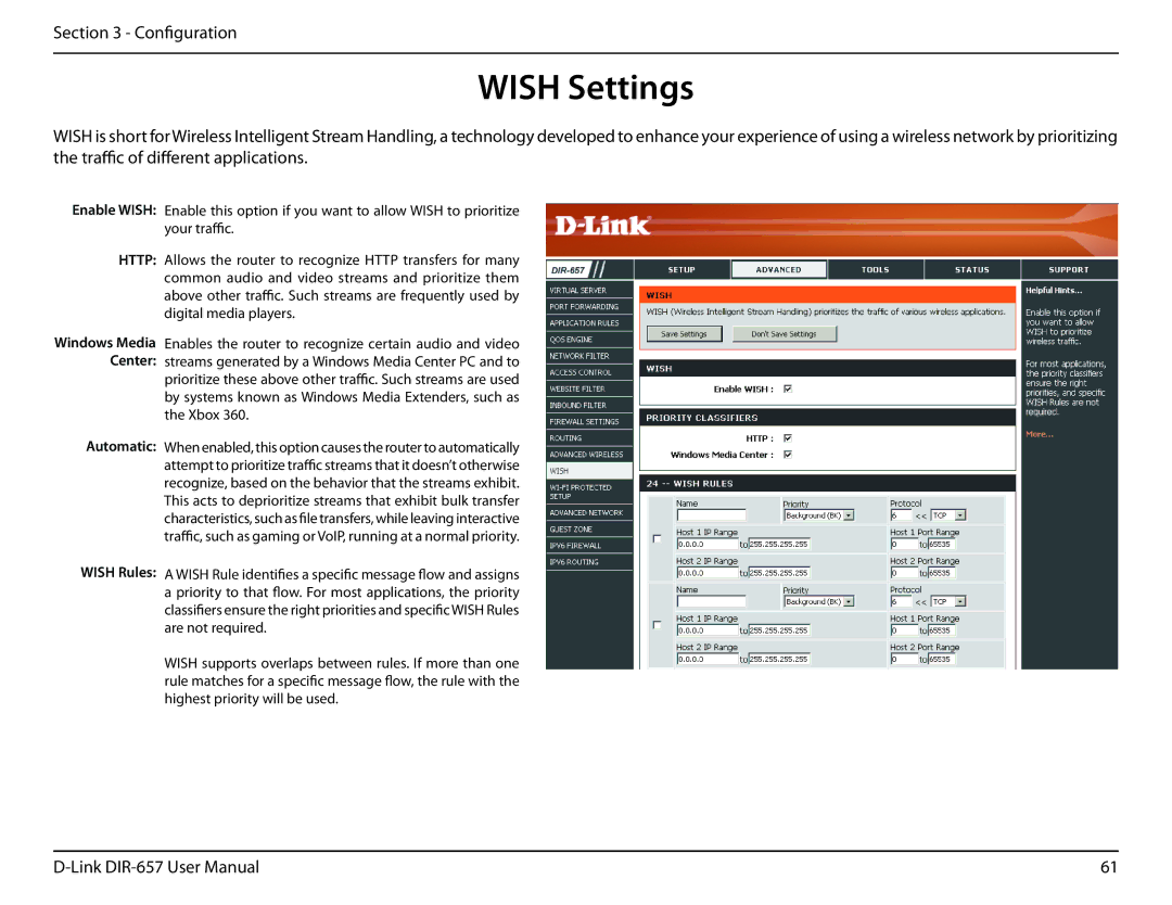 D-Link DIR-657 manual Wish Settings, Enable Wish, Automatic Wish Rules 