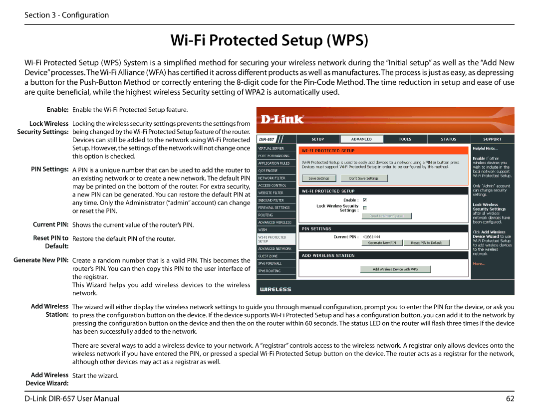 D-Link DIR-657 manual Wi-Fi Protected Setup WPS, PIN Settings Current PIN Reset PIN to Default, Add Wireless Station 