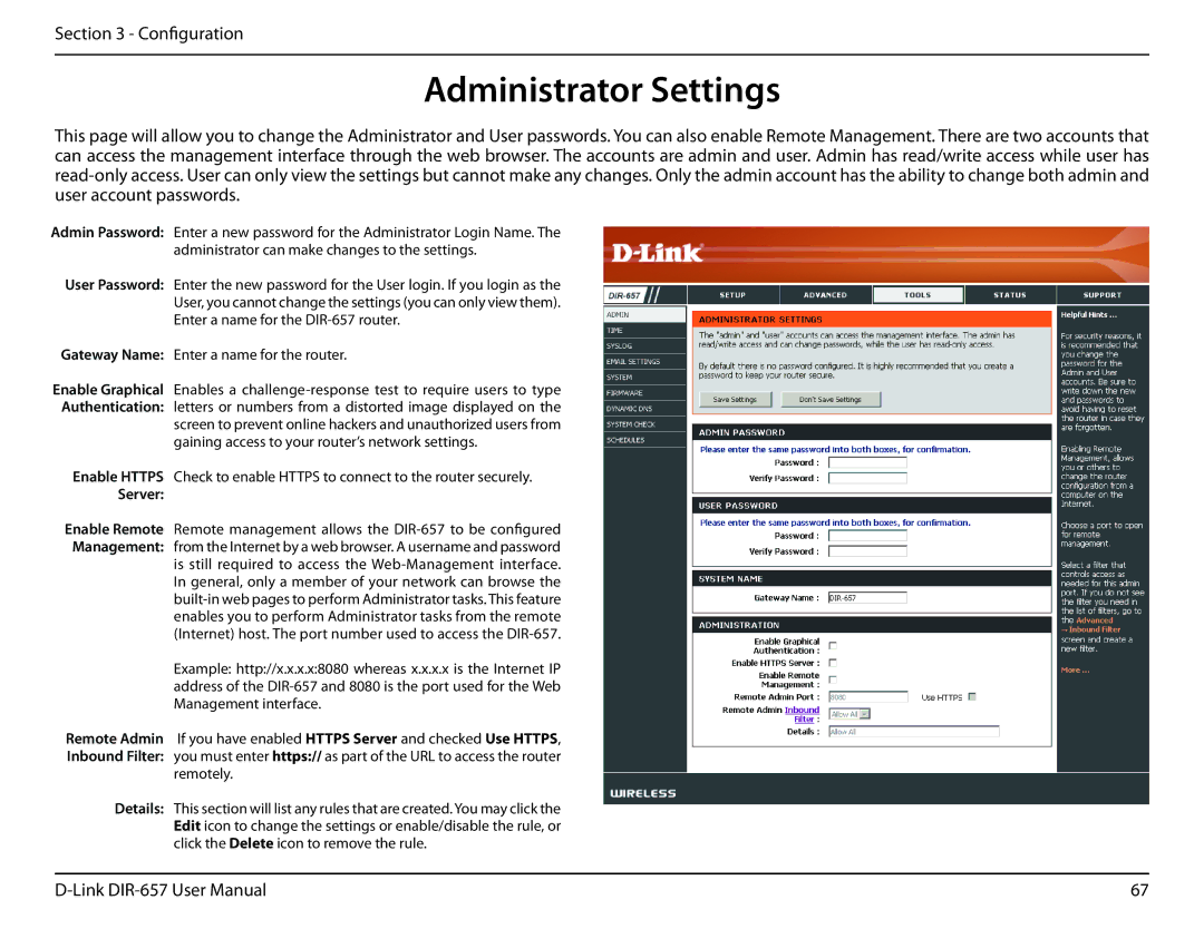 D-Link DIR-657 manual Administrator Settings, Server 