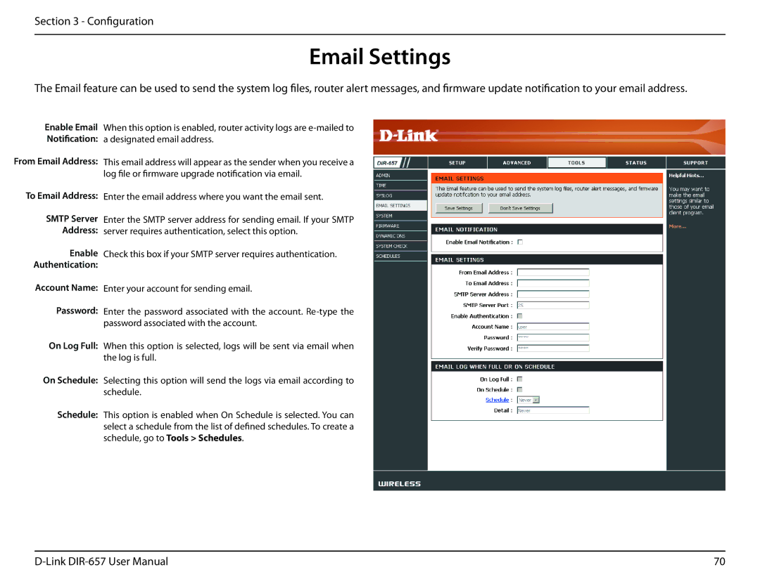 D-Link DIR-657 manual Email Settings, Notification 