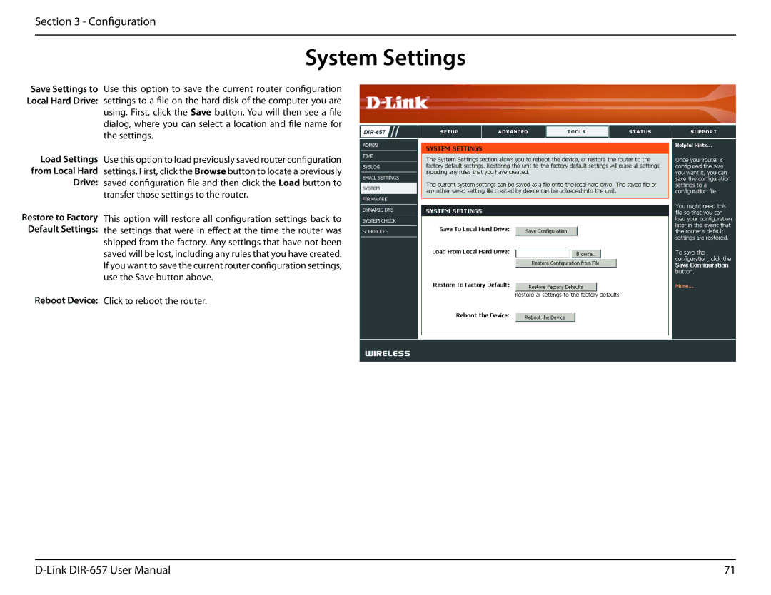 D-Link DIR-657 manual System Settings, Load Settings from Local Hard Drive, Reboot Device 