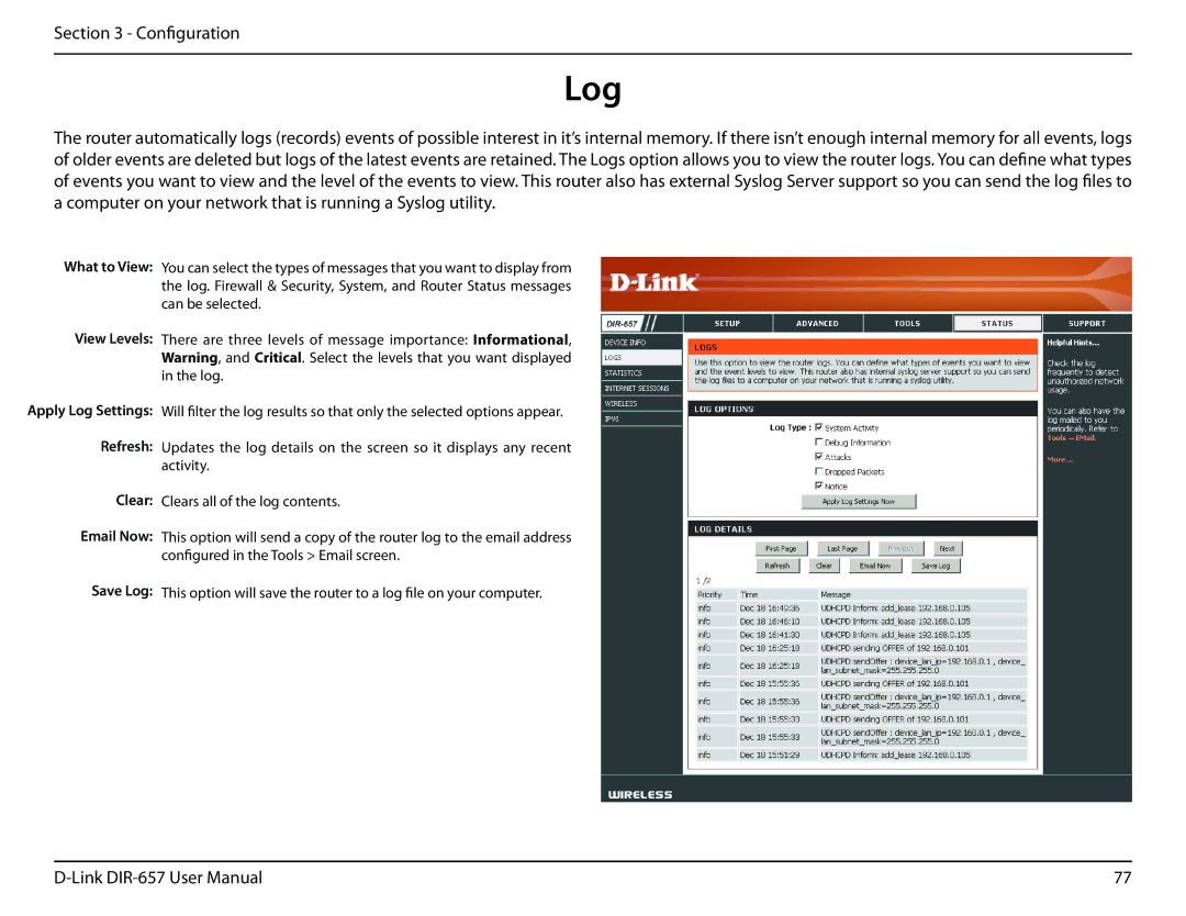 D-Link DIR-657 manual What to View View Levels, Clear Email Now Save Log 