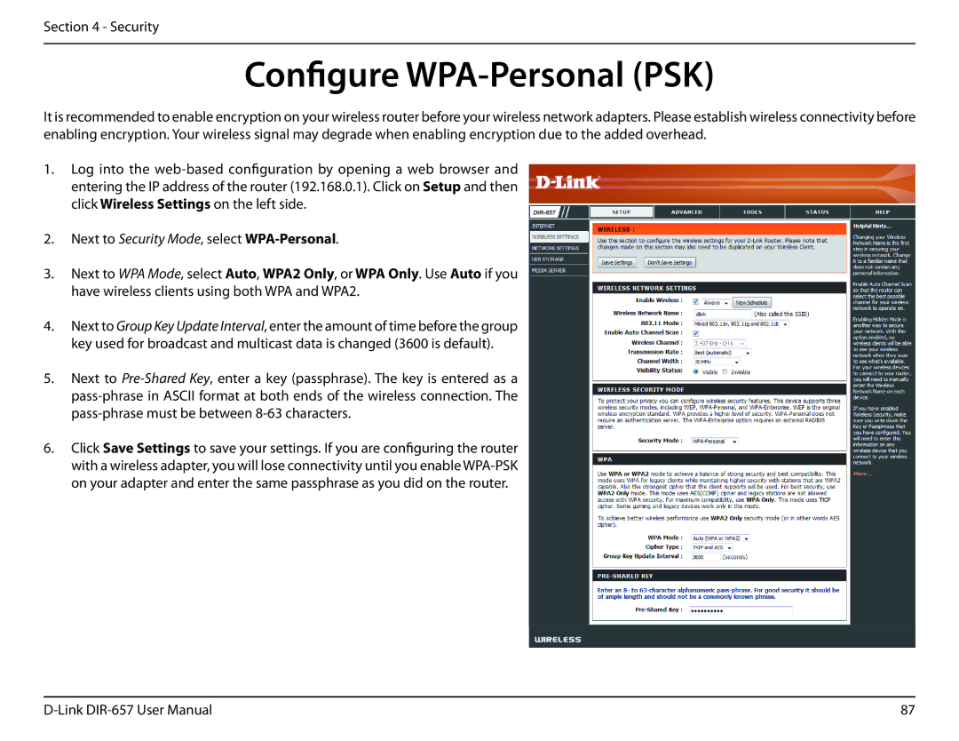 D-Link DIR-657 manual Configure WPA-Personal PSK 