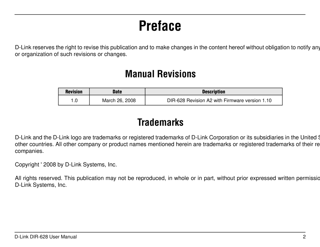 D-Link DIR-68 manual Preface, Manual Revisions, Trademarks 