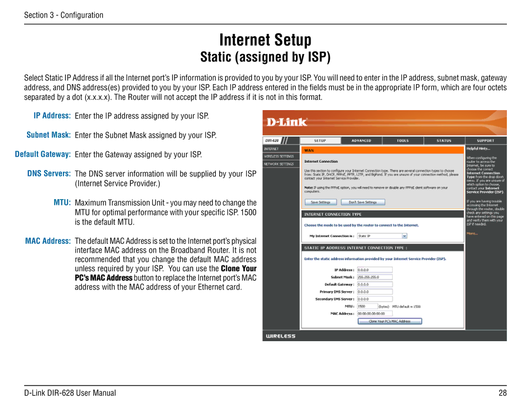 D-Link DIR-68 manual Static assigned by ISP 