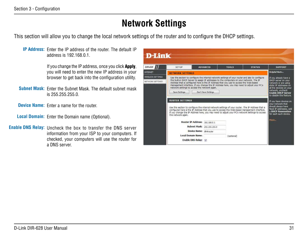 D-Link DIR-68 manual Network Settings, IP Address Subnet Mask Device Name 