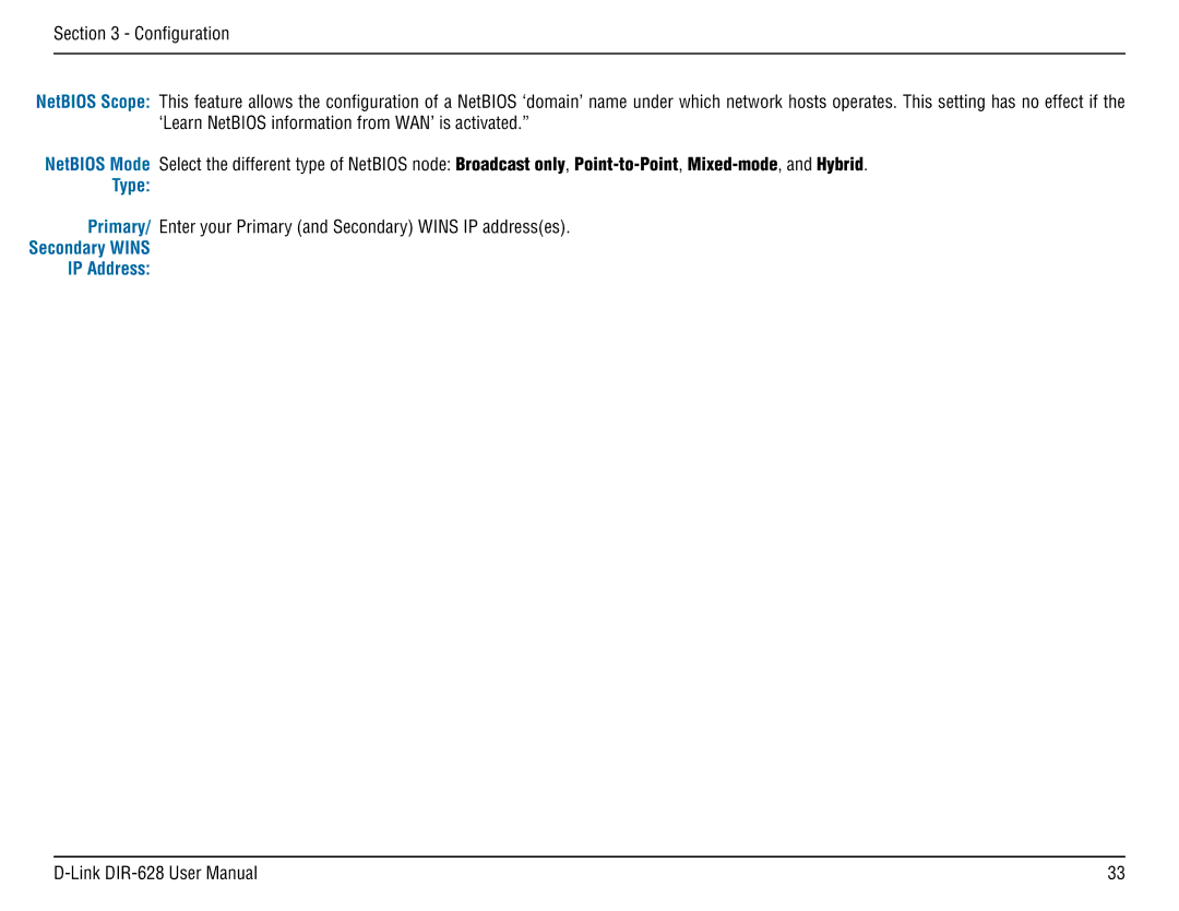 D-Link DIR-68 manual Type, Secondary Wins IP Address 