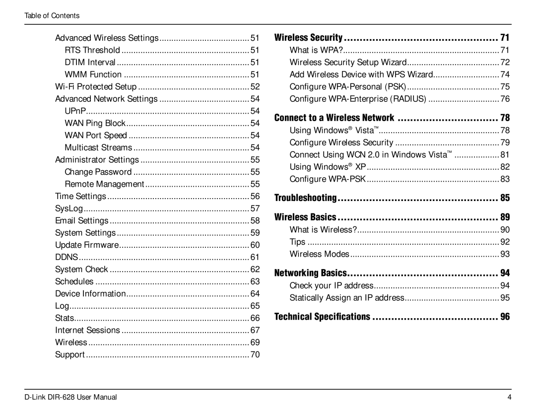 D-Link DIR-68 manual Wireless Security, Troubleshooting Wireless Basics, Networking Basics, Technical Specifications 