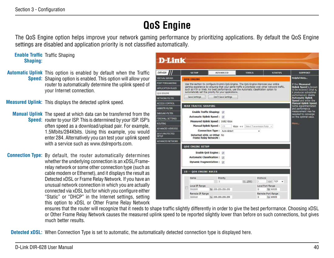 D-Link DIR-68 manual QoS Engine, Enable Traffic Traffic Shaping 