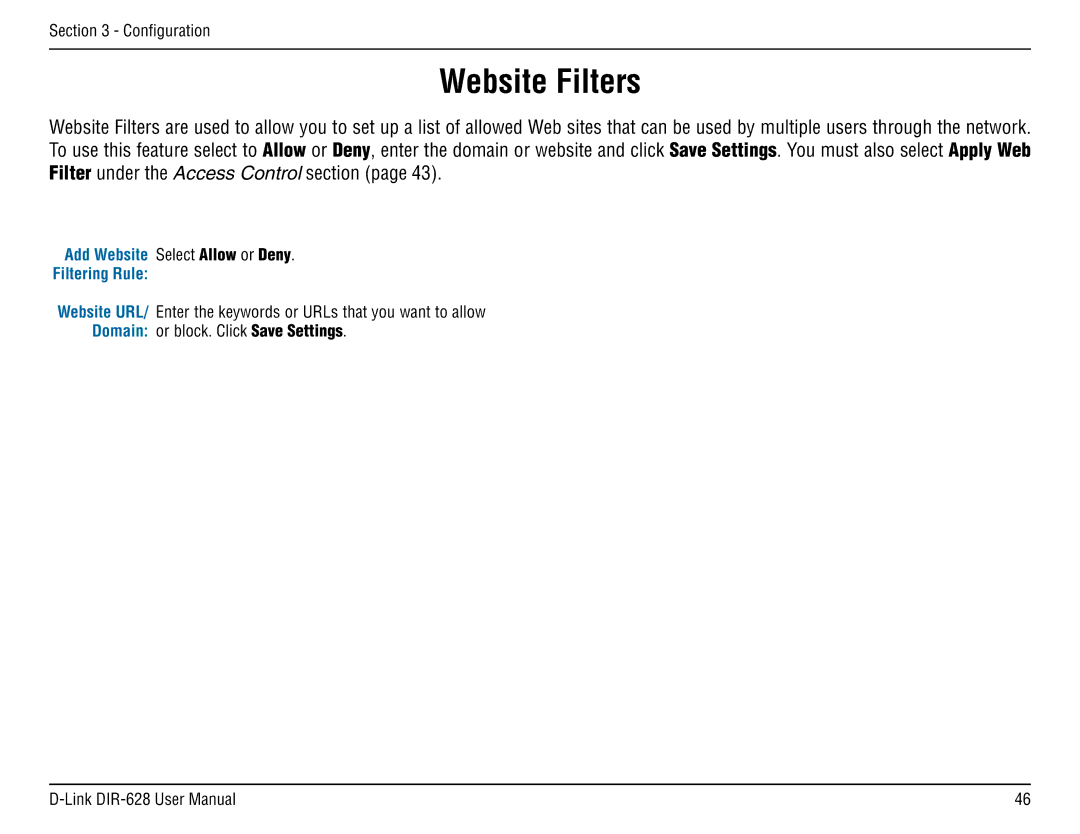 D-Link DIR-68 manual Website Filters, Add Website Select Allow or Deny Filtering Rule 