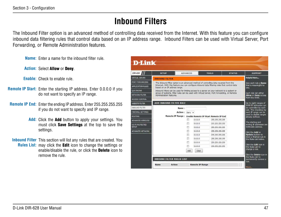 D-Link DIR-68 manual Inbound Filters 