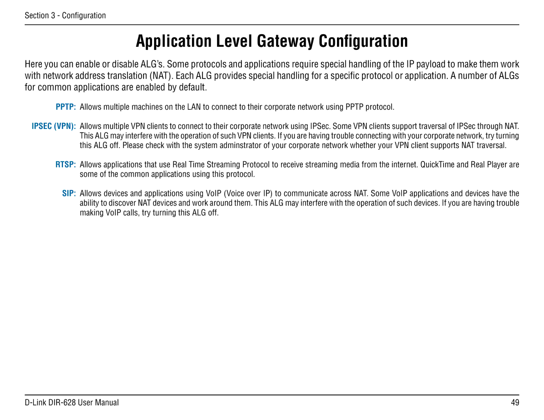 D-Link DIR-68 manual Application Level Gateway Configuration 