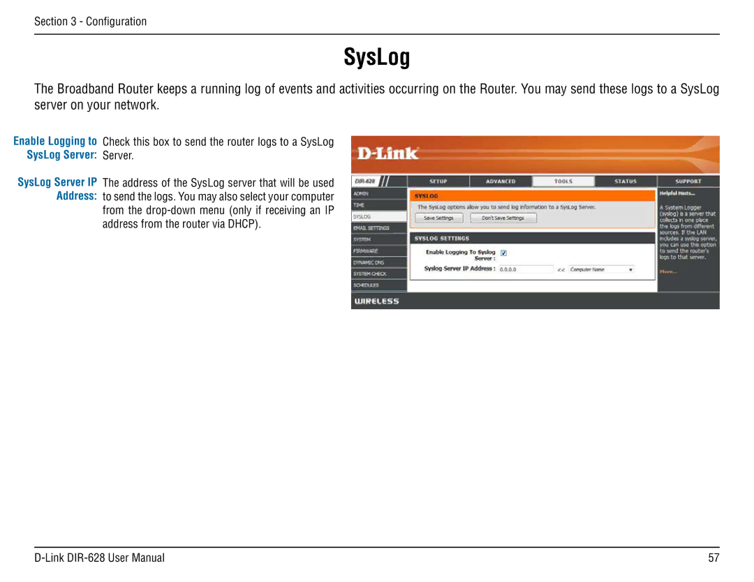 D-Link DIR-68 manual Check this box to send the router logs to a SysLog Server 