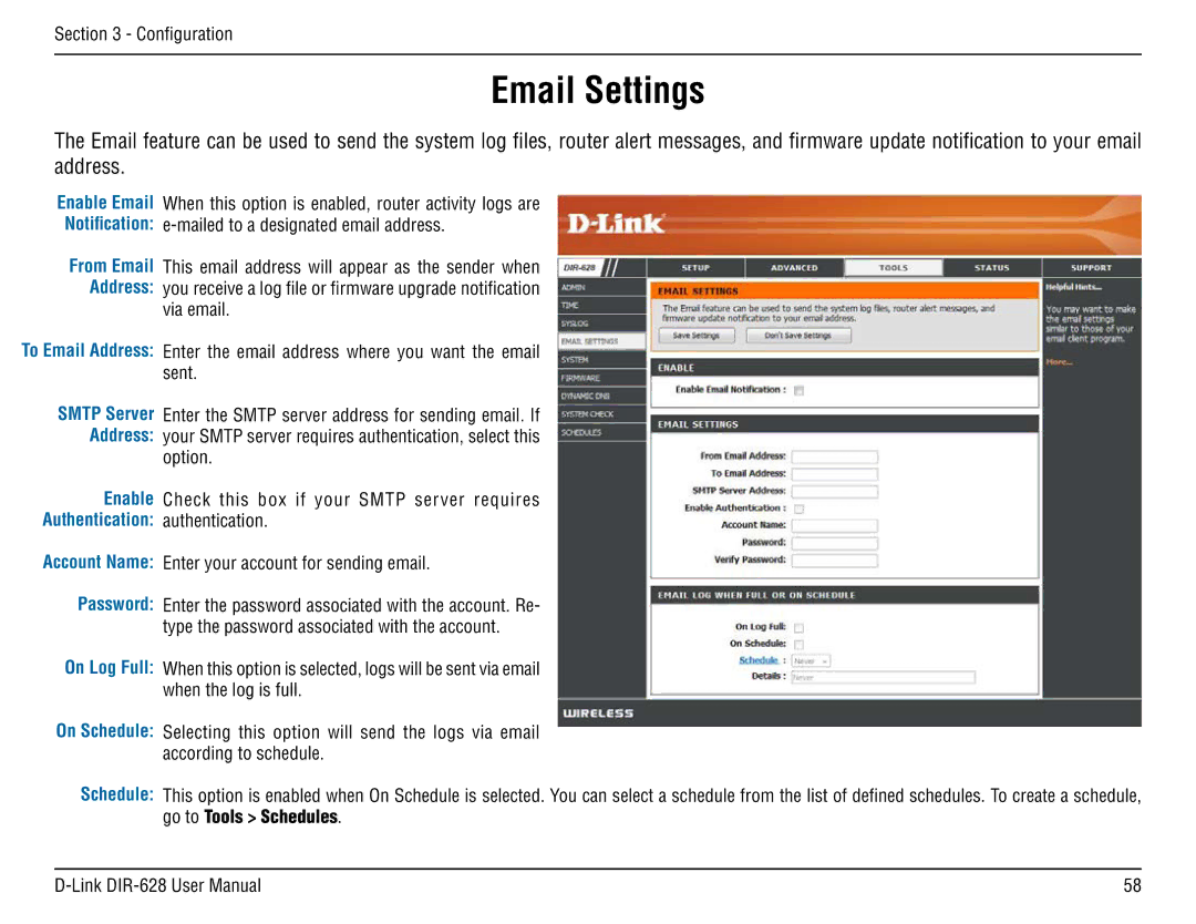 D-Link DIR-68 manual Email Settings, Enable Email Notification From Email Address, Smtp Server Address 