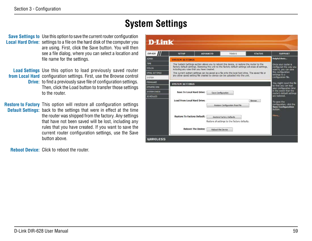 D-Link DIR-68 manual System Settings, File name for the settings 