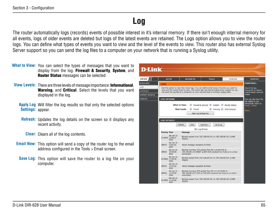 D-Link DIR-68 manual Apply Log Settings Refresh, Save Log 