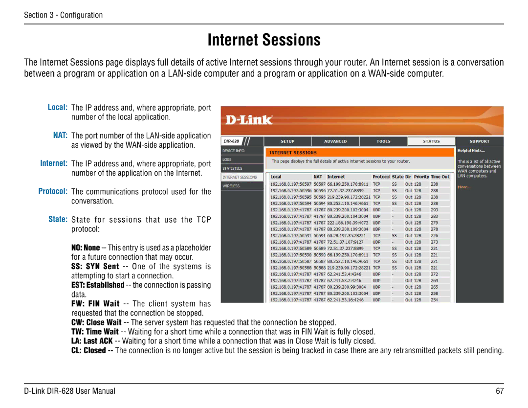 D-Link DIR-68 manual Internet Sessions 