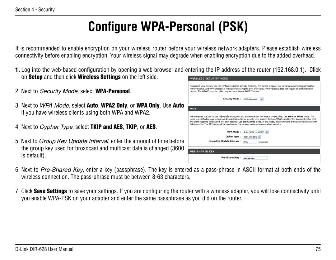 D-Link DIR-68 manual Configure WPA-Personal PSK 