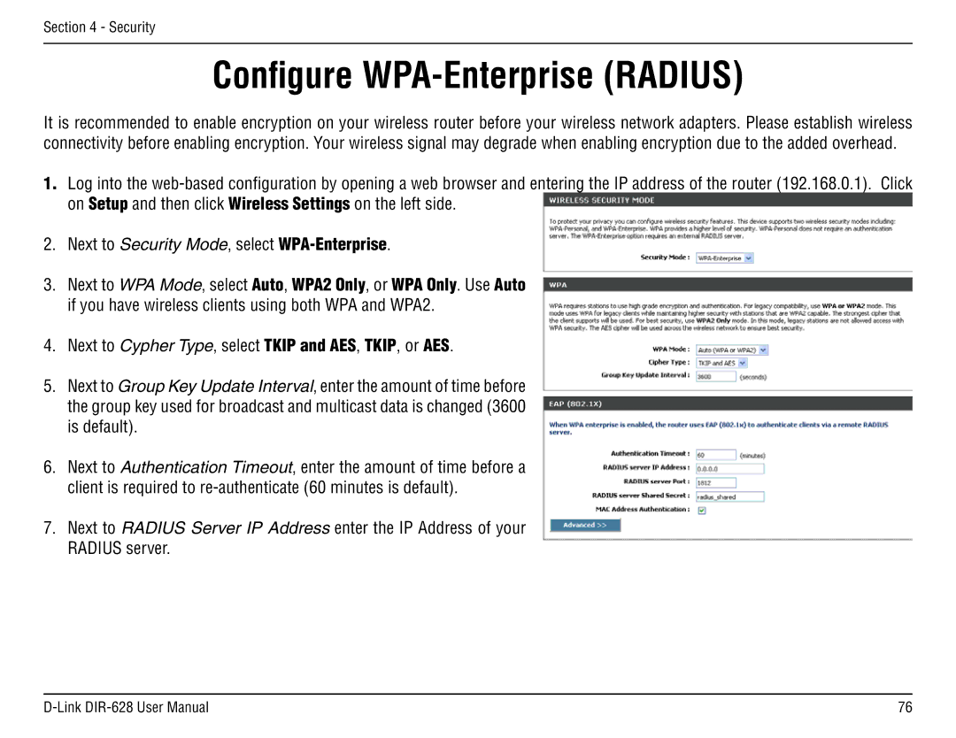 D-Link DIR-68 manual Configure WPA-Enterprise Radius 