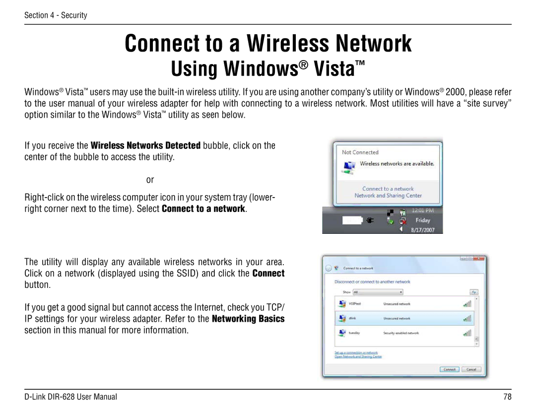 D-Link DIR-68 manual Connect to a Wireless Network, Using Windows Vista 