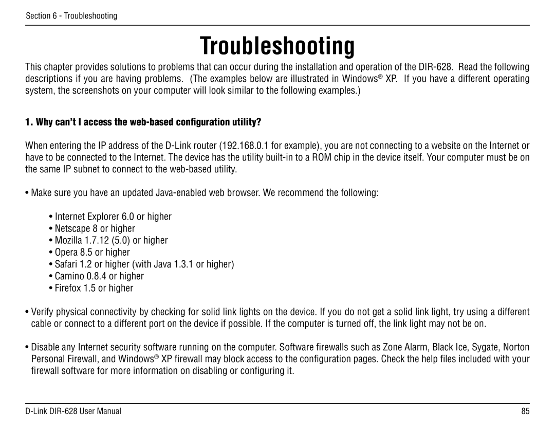 D-Link DIR-68 manual Troubleshooting, Why can’t I access the web-based configuration utility? 