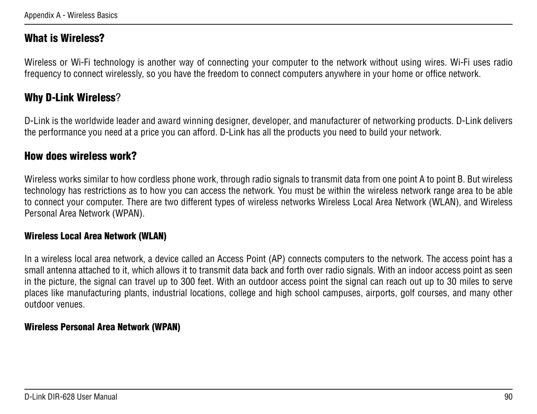 D-Link DIR-68 manual Wireless Local Area Network Wlan, Wireless Personal Area Network Wpan 