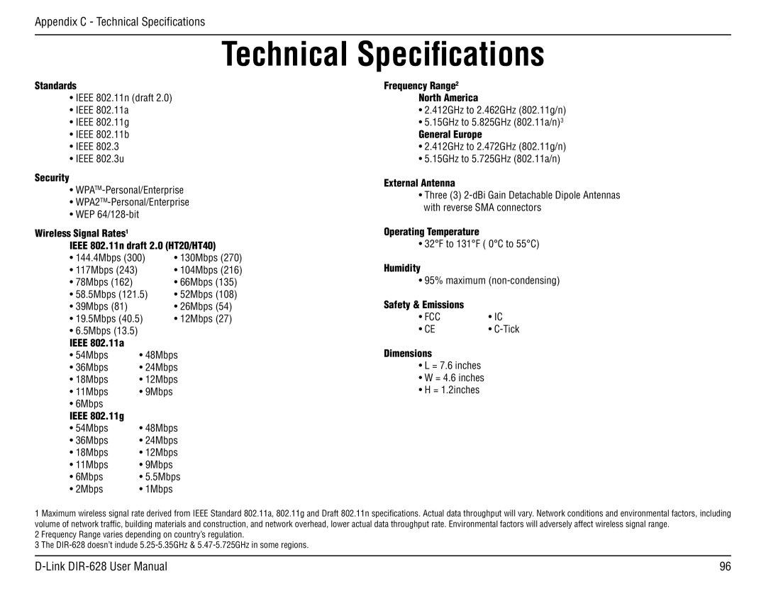 D-Link DIR-68 manual Technical Specifications, Wireless Signal Rates1 Ieee 802.11n draft 2.0 HT20/HT40 