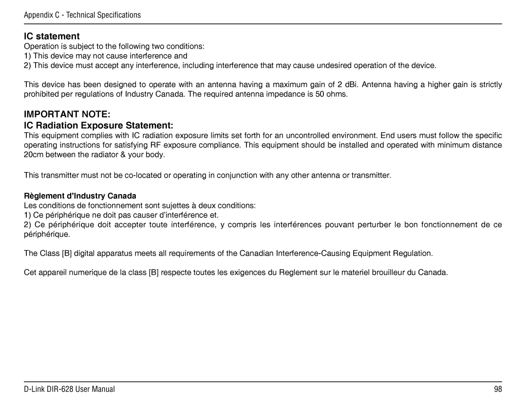 D-Link DIR-68 manual IC statement, IC Radiation Exposure Statement 