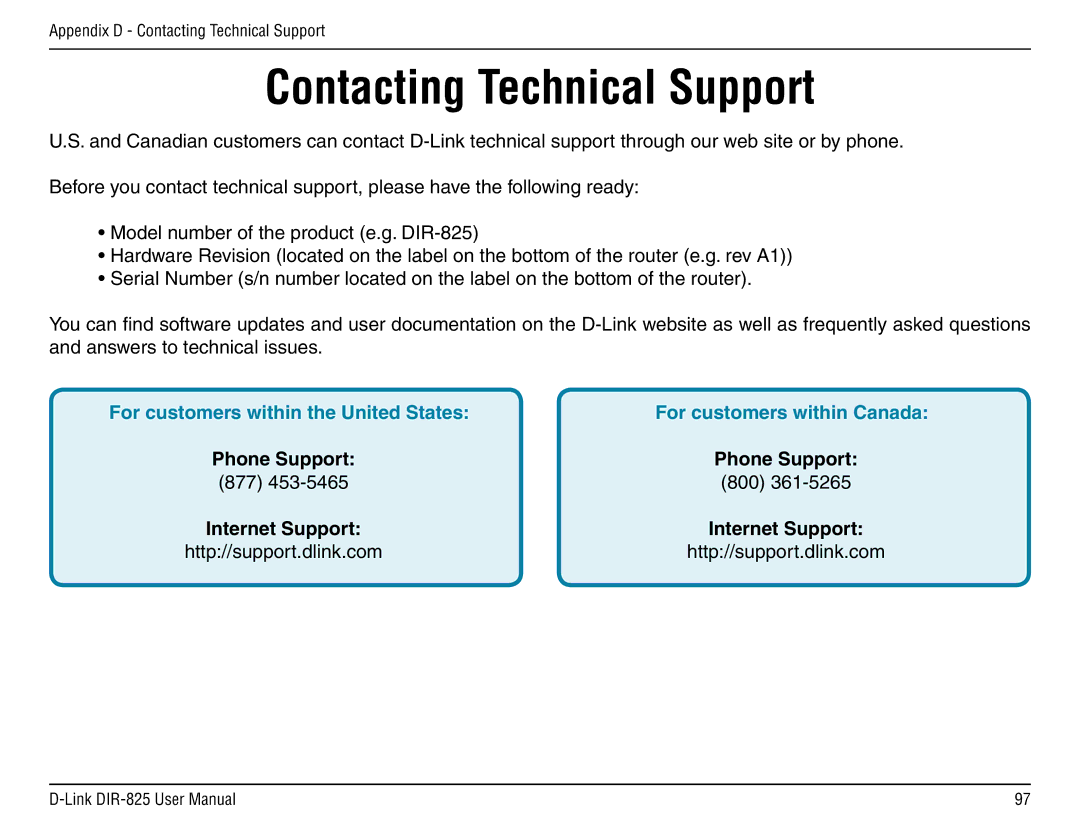 D-Link DIR-825 manual Contacting Technical Support, For customers within the United States 