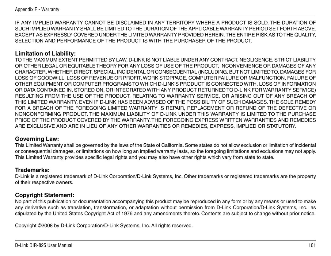 D-Link DIR-825 manual Limitation of Liability, Governing Law, Trademarks, Copyright Statement 