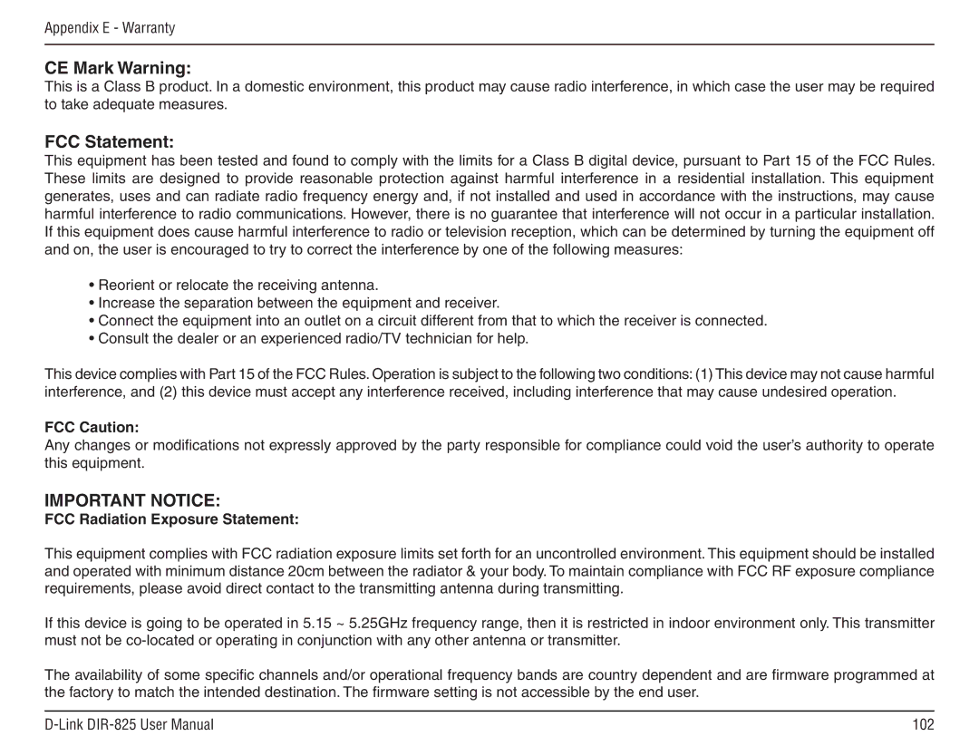 D-Link DIR-825 manual CE Mark Warning, FCC Statement, FCC Caution, FCC Radiation Exposure Statement 