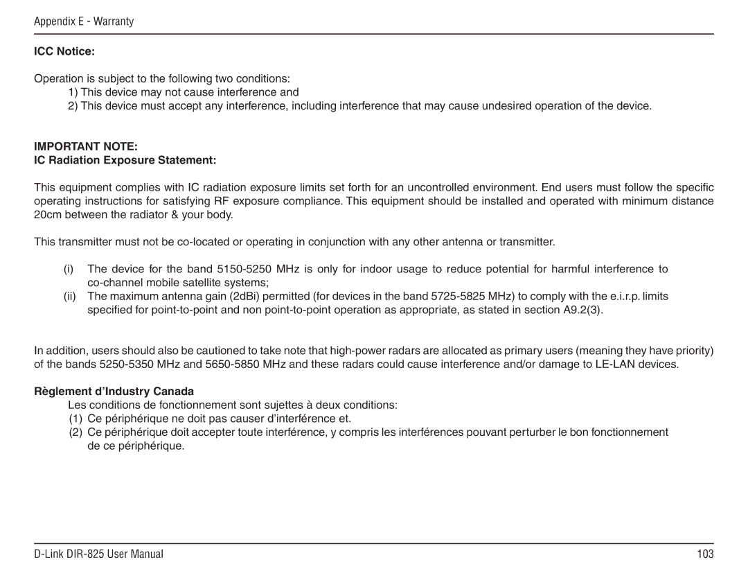 D-Link DIR-825 manual ICC Notice, IC Radiation Exposure Statement, Règlement d’Industry Canada 