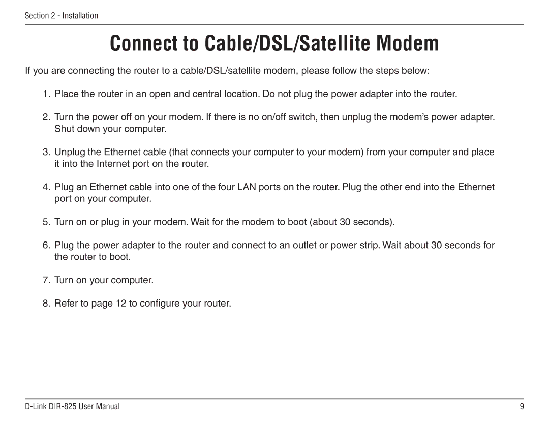 D-Link DIR-825 manual Connect to Cable/DSL/Satellite Modem 