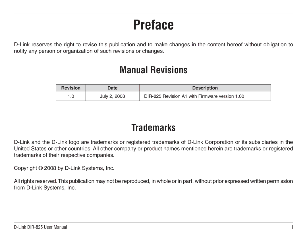 D-Link DIR-825 manual Preface, Manual Revisions, Trademarks, Revision Date Description 