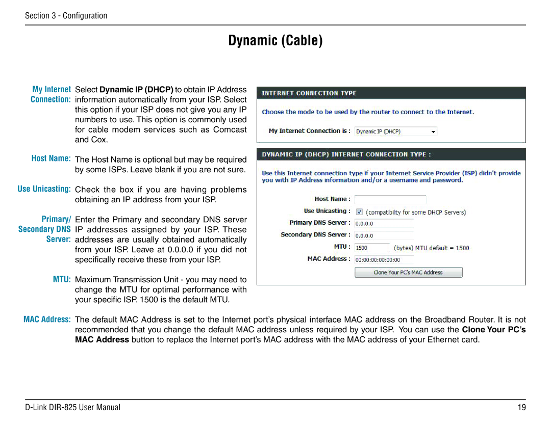 D-Link DIR-825 manual Dynamic Cable, Host Name, Primary, Server, MAC Address 