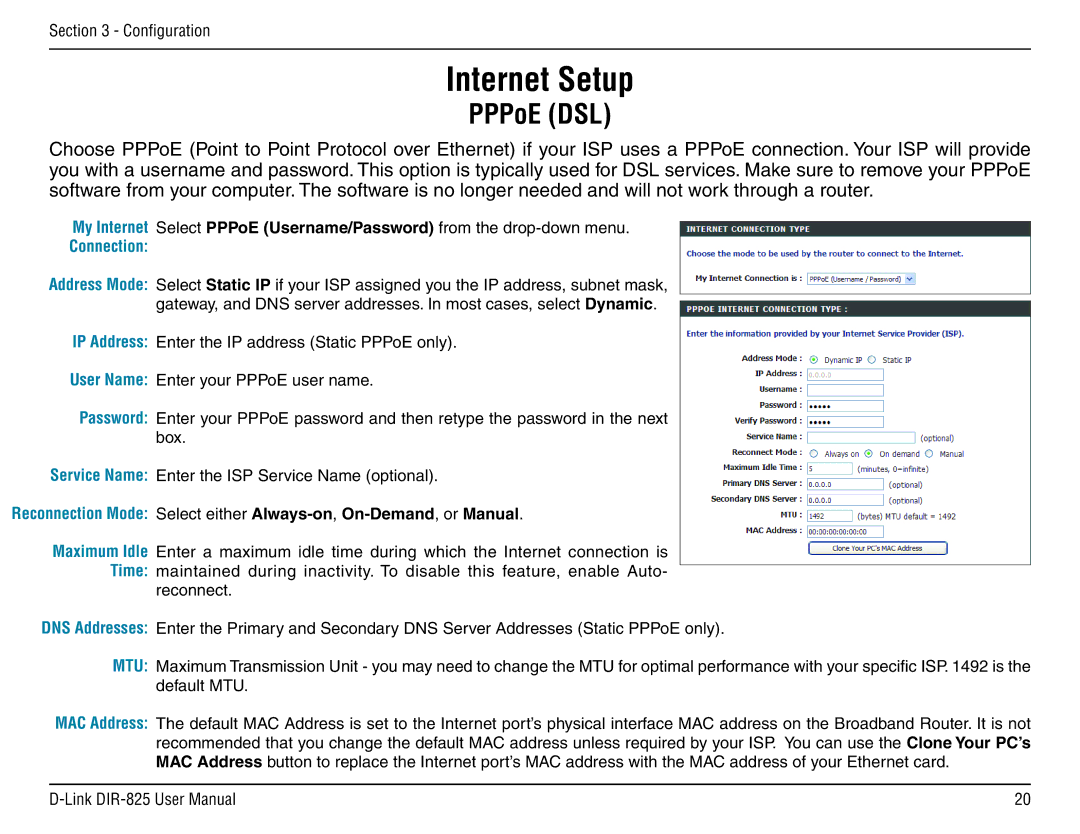 D-Link DIR-825 manual Internet Setup, PPPoE DSL, Connection 