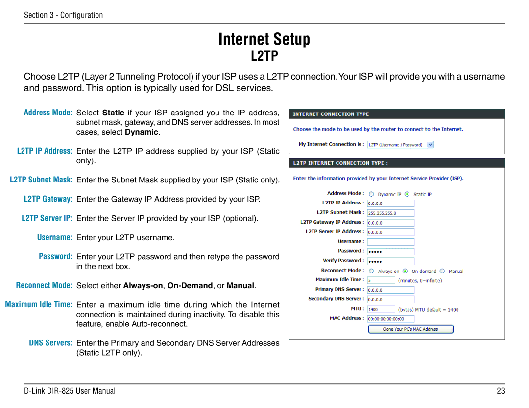 D-Link DIR-825 manual L2TP, Reconnect Mode Select either Always-on,On-Demand, or Manual 