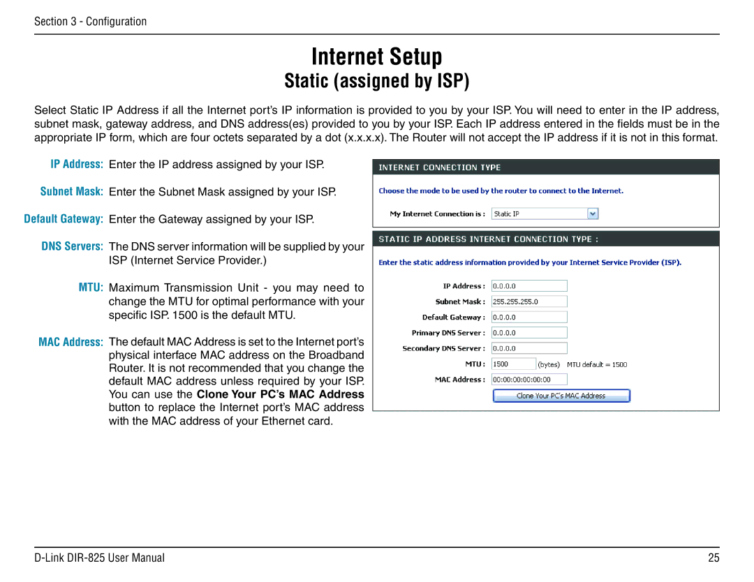 D-Link DIR-825 manual Static assigned by ISP 