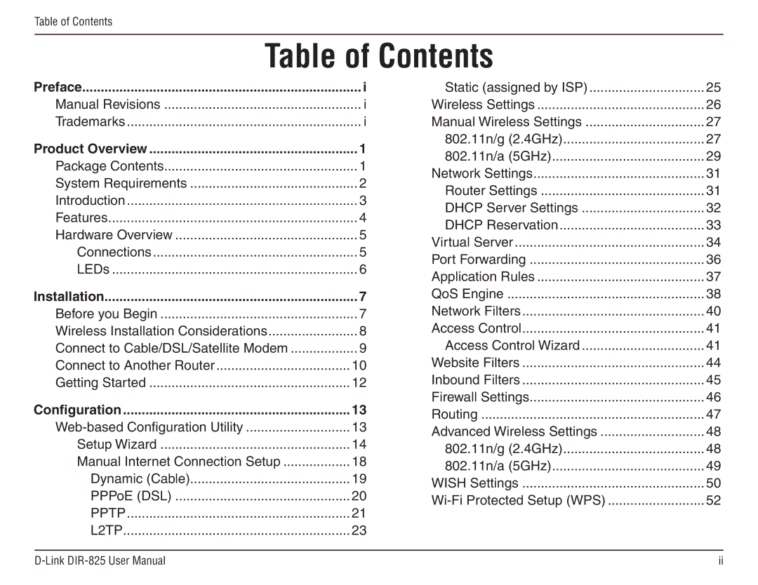 D-Link DIR-825 manual Table of Contents 