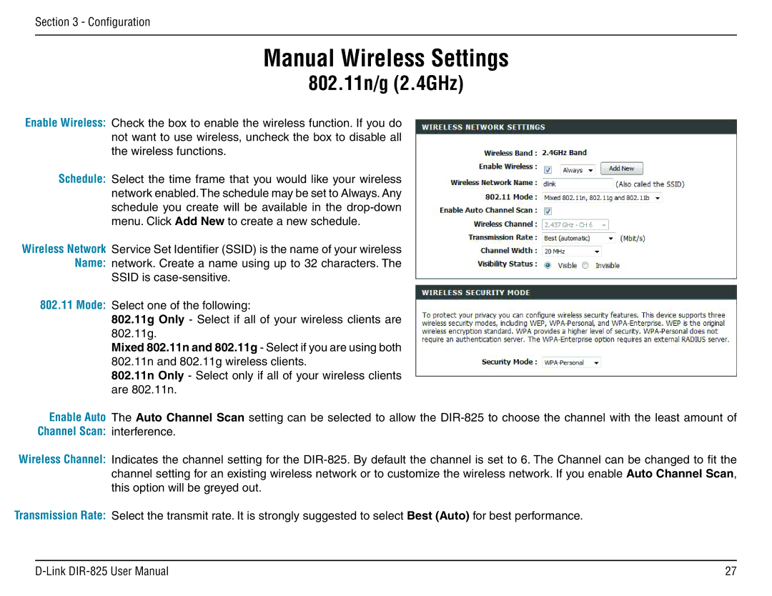 D-Link DIR-825 manual Manual Wireless Settings, 802.11n/g 2.4GHz 