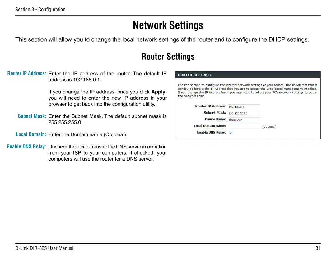 D-Link DIR-825 manual Network Settings, Router Settings 