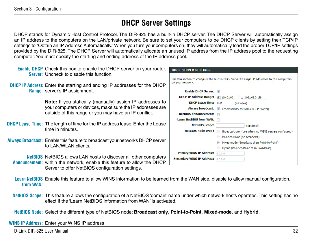 D-Link DIR-825 manual Dhcp Server Settings 