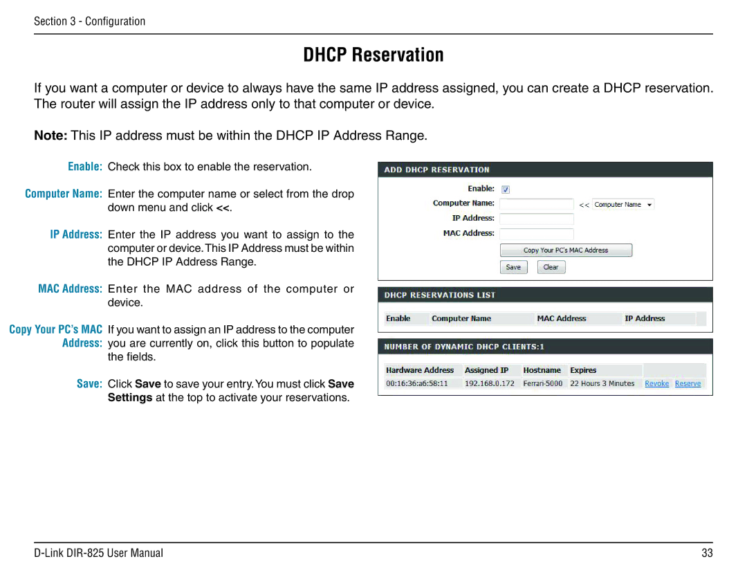 D-Link DIR-825 manual Dhcp Reservation 