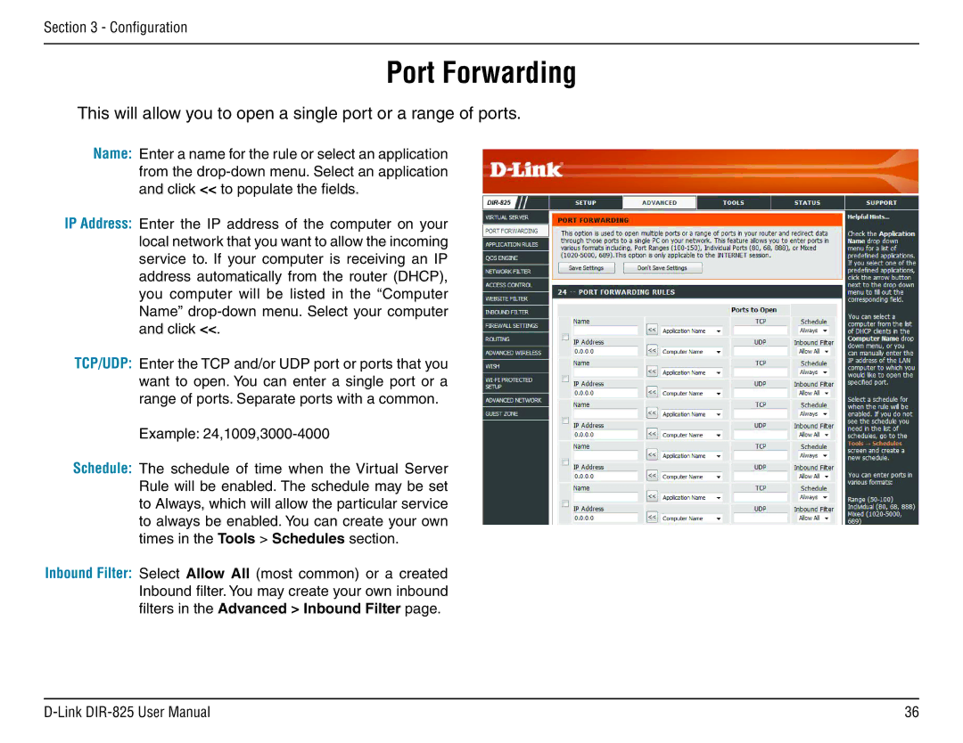 D-Link DIR-825 manual Port Forwarding 