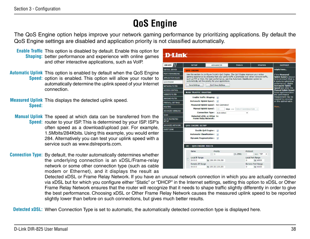 D-Link DIR-825 manual QoS Engine, Speed 