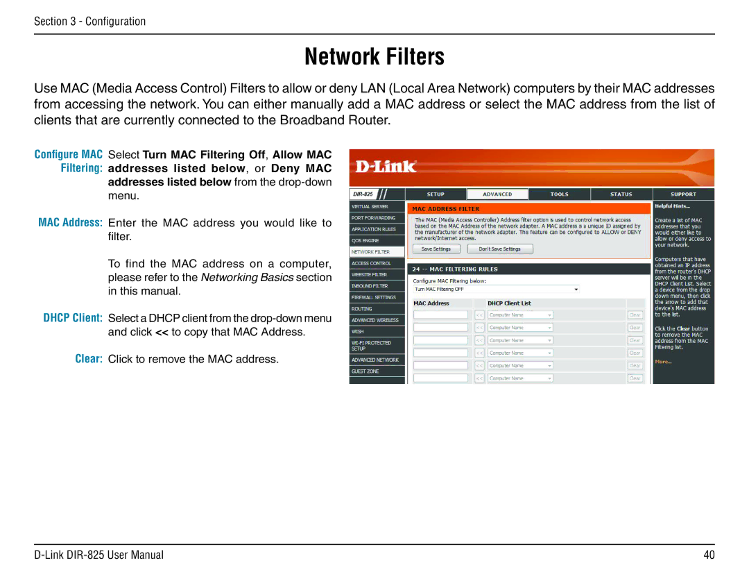 D-Link DIR-825 manual Network Filters 