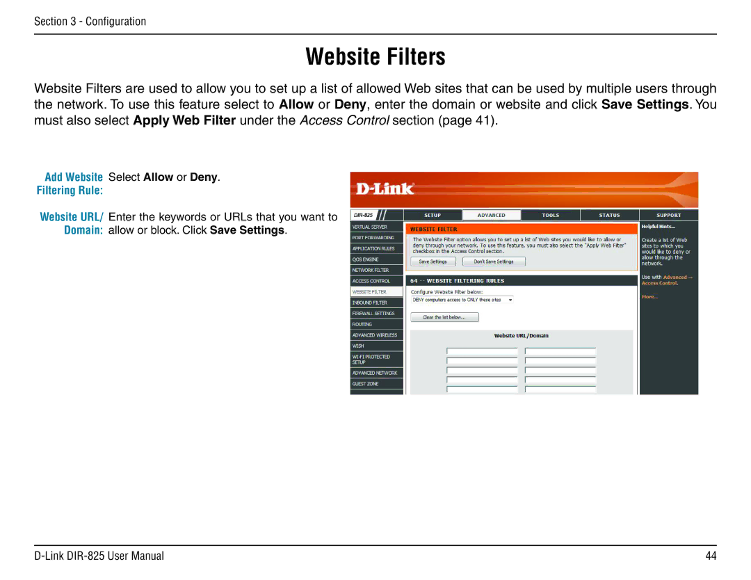 D-Link DIR-825 manual Website Filters, Add Website Select Allow or Deny Filtering Rule 