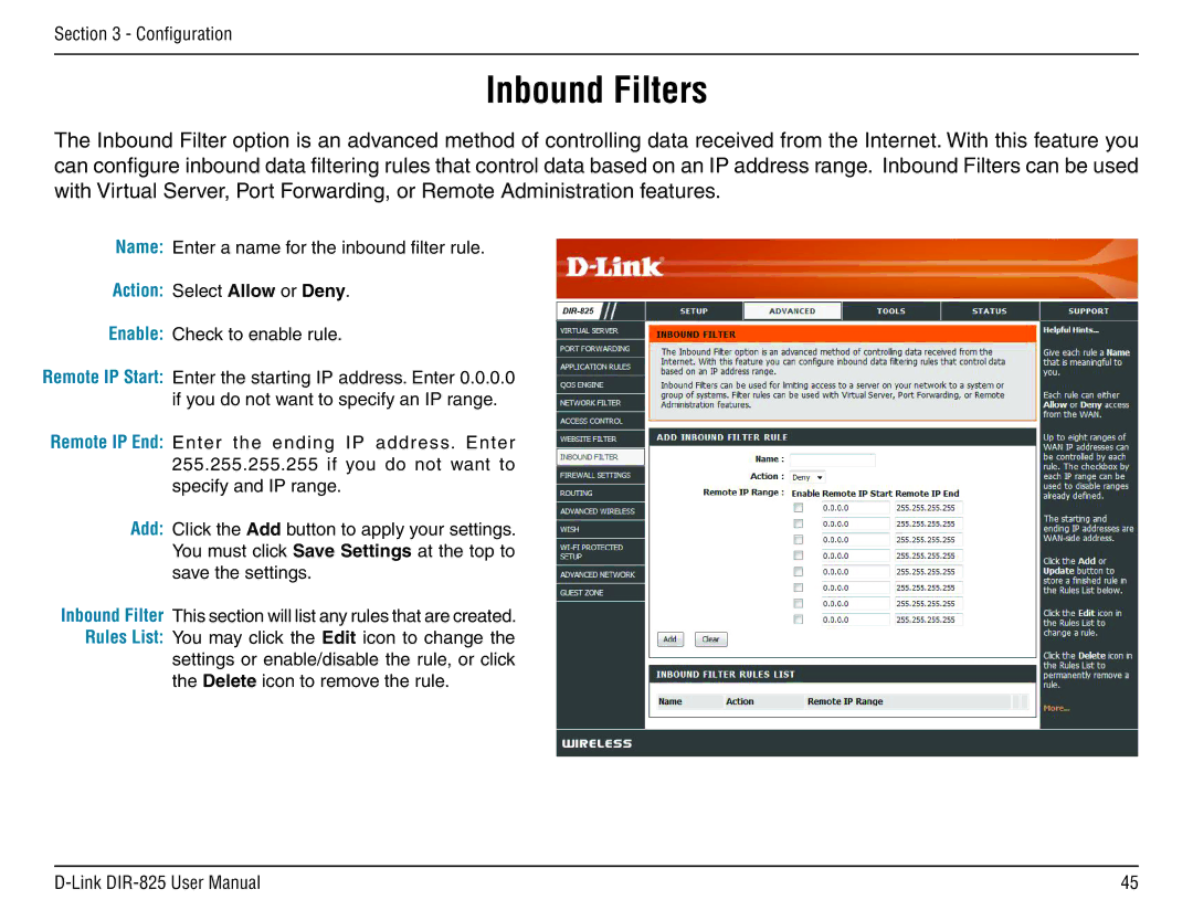 D-Link DIR-825 manual Inbound Filters 