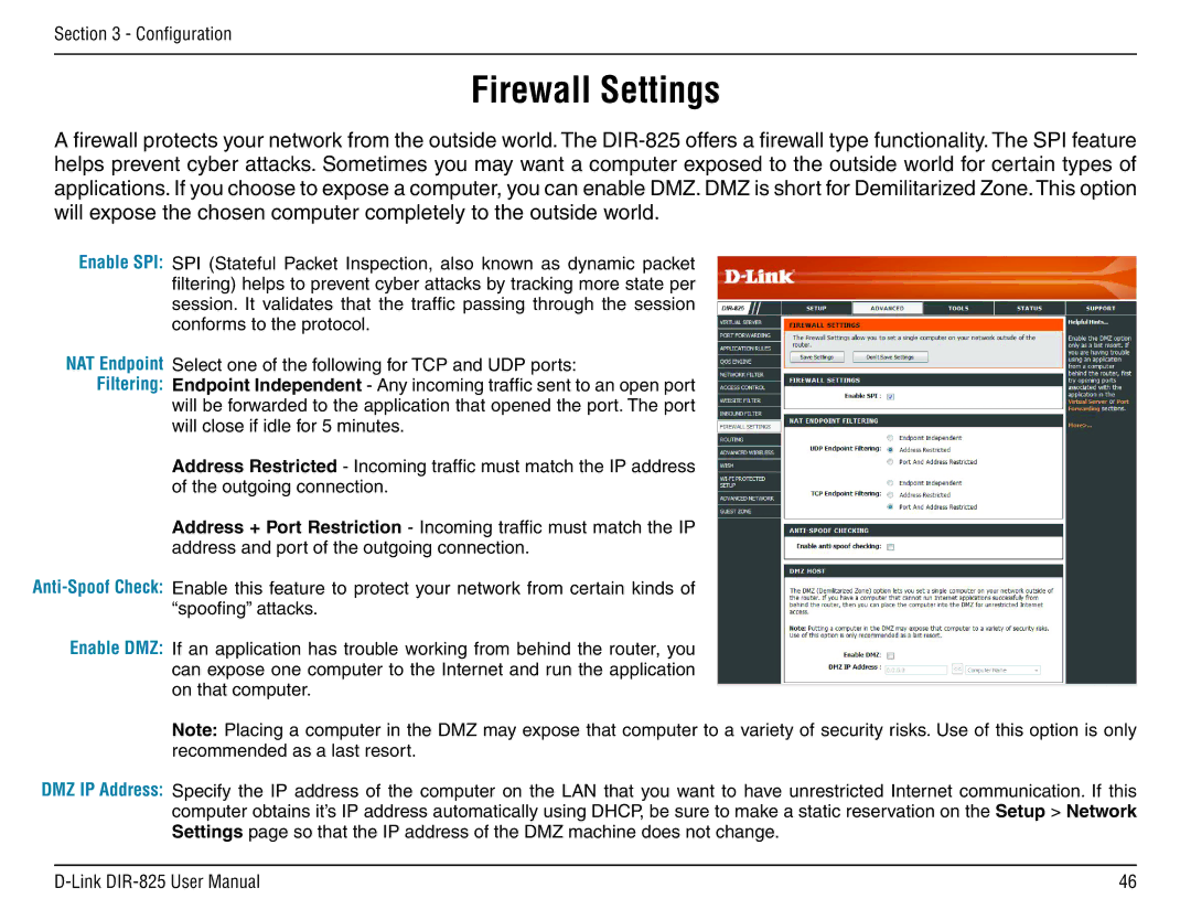 D-Link DIR-825 manual Firewall Settings, Enable SPI NAT Endpoint Filtering, Enable DMZ 