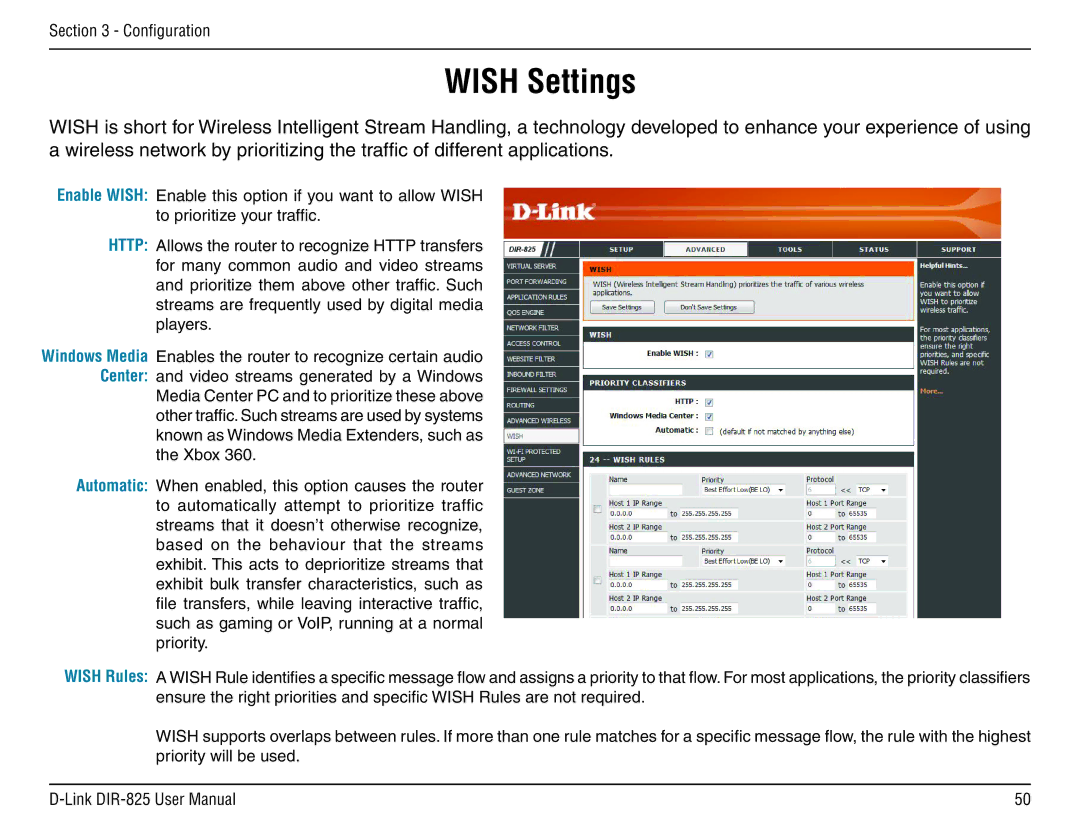 D-Link DIR-825 manual Wish Settings 